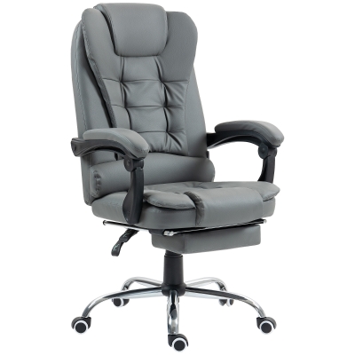 HOMCOM High Back Office Chair PU Leather Executive Office Chair with Retractable Footrest Padded Armrest Grey
