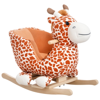 Qaba Wooden Plush Children Kids Rocking Horse Chair for Toddlers with Sound and Safety Belt, Giraffe Theme