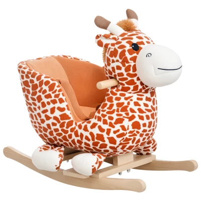Qaba Wooden Plush Children Kids Rocking Horse Chair for Toddlers with Sound and Safety Belt, Giraffe Theme