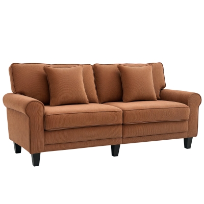 HOMCOM Modern 3 Seater Sofa, Corduroy Fabric 3 Seater Couch with Pine Wood Legs and Rolled Armrests for Living Room, Brown
