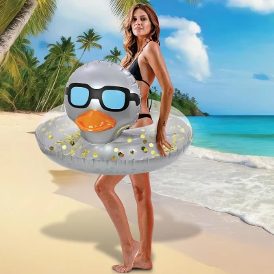 Heavy Duty Inflatable Duck Pool Float Tube with Black Eyeglasses, Silver