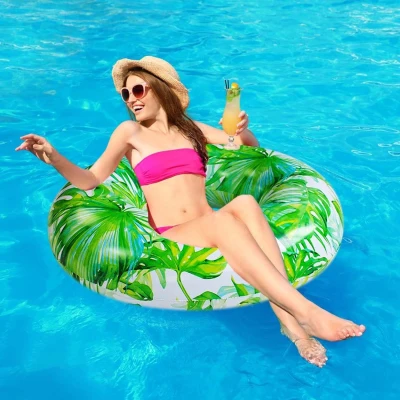 PVC Swim Ring with Jungle Leaf Design, Green+Brown