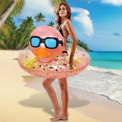 Inflatable Duck Pool Float Tube with Repair Patch, Rose+Gold