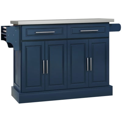 HOMCOM Rolling Kitchen Island with Storage and Stainless Steel Top, Kitchen Trolley with Drawers, Cabinets, Towel Rack, Blue