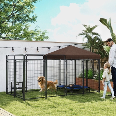 PawHut Dog Kennel Outdoor with Waterproof Canopy, Dog Run with Galvanized Chain Link for Large and Medium Dogs, Black