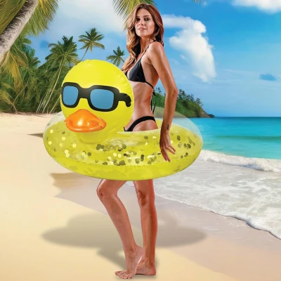 Heavy Duty Vinyl Inflatable Duck Pool Float Tube, Yellow+Gold