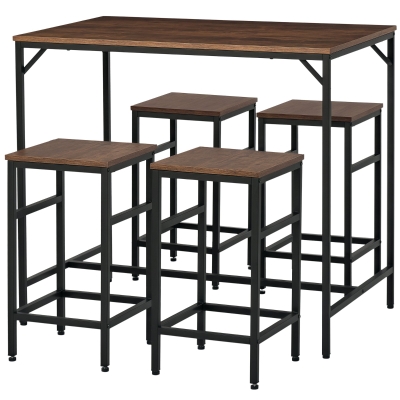 HOMCOM 5 Pieces Industrial Rectangular Bar Table Set, Dining Table Set Breakfast Table with 4 Stools for Dining Room, Kitchen, Dinette, Rustic Brown