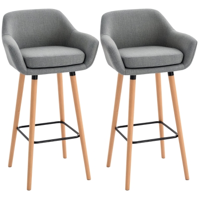 HOMCOM Modern Upholstered Fabric Seat Bar Stools Chairs Set of 2 with Metal Frame, Solid Wood Legs Living Room Dining Room Furniture Grey