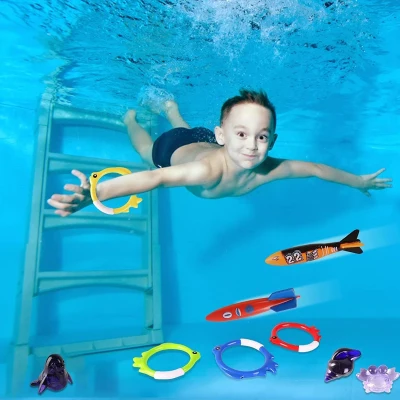 Fun Swim Games Sinking Set with Torpedo, Gems, Shark Rings, Sea Animals, and Storage Bag, Multicolor