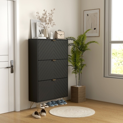 HOMCOM Modern Shoe Storage Cabinet with 3 Flip Drawers for 18 Pairs, Narrow Shoe Organizer for Entryway, Hallway, Black