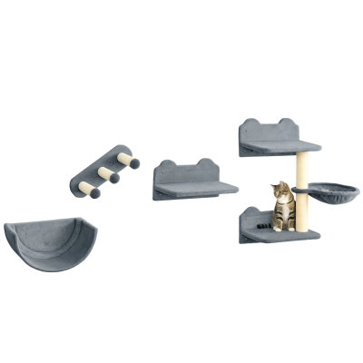 PawHut Cat Wall Shelves, 3PCs Cat Shelves with Hammock, Scratching Post, 3 Steps, Jumping Platforms, Wall Mounted Cat Climber, Grey