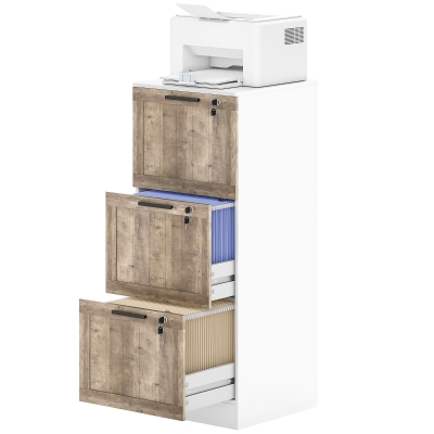 HOMCOM 3 Drawer Filing Cabinet, Farmhouse File Cabinet with Lock, Adjustable Hanging Rails for A4 Letter Size Files, White