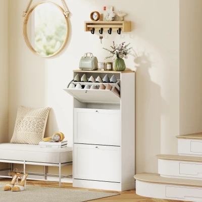 HOMCOM Modern Shoe Cabinet with 3 Flip Drawers, White