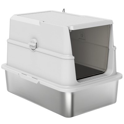 PawHut XL Stainless Steel Cat Litter Box for Big Cats with Flip Top, Scoop, Easy Clean & No Odors, Non-Sticky