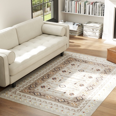 HOMCOM 4x6 Boho Flannel Area Rug, Non-Slip Carpet, Brown