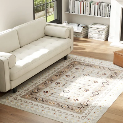 HOMCOM 4x6 Boho Flannel Area Rug, Non-Slip Carpet, Brown
