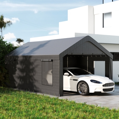 Outsunny 12 x 20ft Carport with 2 Roll-Up Doors, 4 Windows, Portable Garage with Removable Sidewalls for Car, Truck, Dark Grey