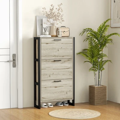 HOMCOM Shoe Cabinet with 3 Flip Drawers Walnut