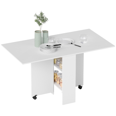 HOMCOM Extendable Dining Table, Collapsible Folding Table w/ 2-tier Shelves and Rolling Casters, White