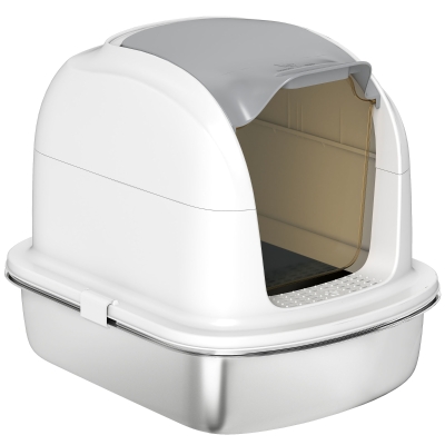 PawHut XL Stainless Steel Cat Litter Box with Lid for Big Cats, Enclosed Cat Litter Box with Flip Cover, Scoop