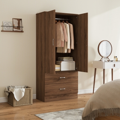 HOMCOM Wardrobe Closet Armoire with Hanging Rod and 2 Doors, Clothes Storage Organizer with 2 Drawers for Bedroom, Walnut