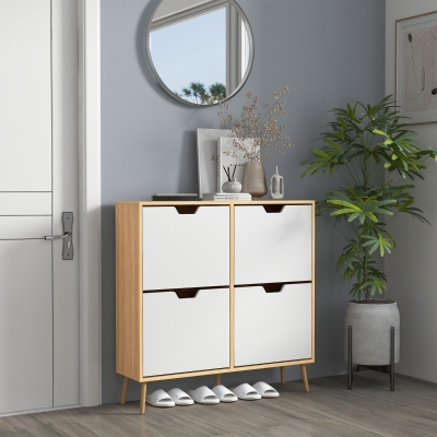 HOMCOM Shoe Storage Cabinet with 4 Flip Drawers and Adjustable Shelf, Shoe Cabinet for 8-16 Pairs of Shoes, Natural