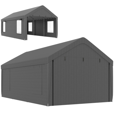 Outsunny 12 x 20ft Carport with 2 Roll-Up Doors, 4 Windows, Portable Garage with Removable Sidewalls for Car, Truck, Dark Grey