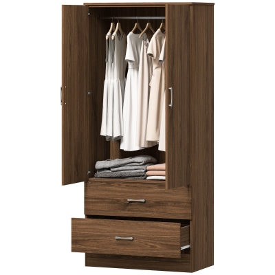 HOMCOM Wardrobe Closet Armoire with Hanging Rod and 2 Doors, Clothes Storage Organizer with 2 Drawers for Bedroom, Walnut