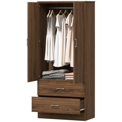 HOMCOM Wardrobe Closet Armoire with Hanging Rod and 2 Doors, Clothes Storage Organizer with 2 Drawers for Bedroom, Walnut