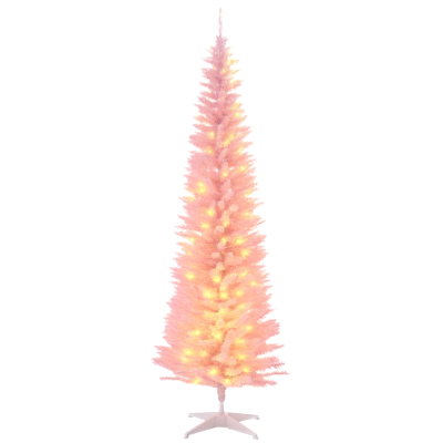 HOMCOM 6' Pre Lit Artificial Pencil Christmas Trees, Xmas Tree with Realistic Branches and Warm White LED Lights, Pink