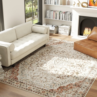 HOMCOM 8x10 Washable Non-Slip Floral Rug for Living Room, Mixed-Brown