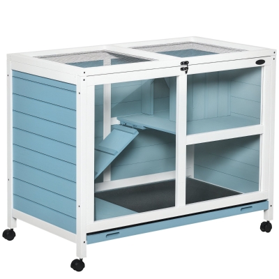 PawHut Indoor Rabbit Hutch with Wheels, Bunny Cage Guinea Pig House W/ Top Access, Ramp, Pull Out Tray, Blue