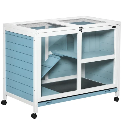 PawHut Indoor Rabbit Hutch with Wheels, Bunny Cage Guinea Pig House W/ Top Access, Ramp, Pull Out Tray, Blue