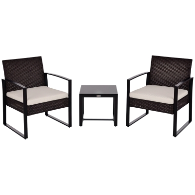 Outsunny 3 Pieces Wicker Patio Furniture Set, Rattan Bistro Set with Glass Top Coffee Table and Cushions, Outdoor Conversation Set for Garden, Porch, Balcony, Cream White