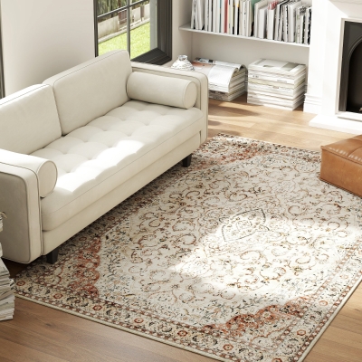 HOMCOM 5x7 Washable Area Rug, Non-Slip Floral Carpet, Mixed-Brown