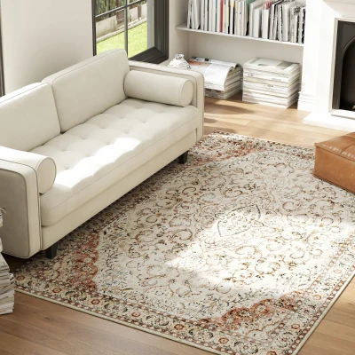 HOMCOM 5x7 Washable Area Rug, Non-Slip Floral Carpet, Mixed-Brown