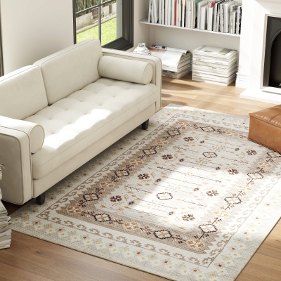 HOMCOM 5x7 Boho Flannel Area Rug, Non-Slip Carpet, Brown