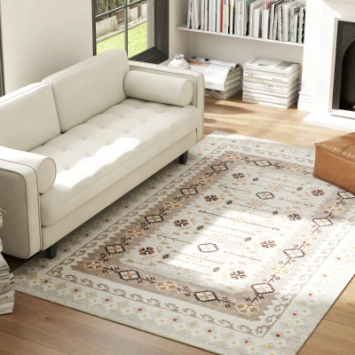 HOMCOM 5x7 Boho Flannel Area Rug, Non-Slip Carpet, Brown