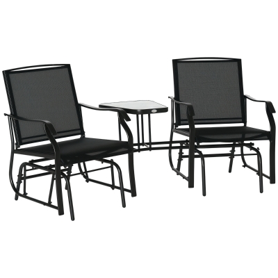 Outsunny Patio Double Glider Chair with Glass Top Center Table, Outdoor Glider Chair with High Back,  Sling Fabric for Garden, Bench, Black