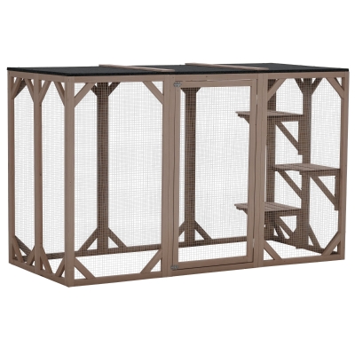 PawHut Cat Cage Indoor Catio Outdoor Cat Enclosure Pet House Small Animal Hutch for Rabbit, Kitten, Crate Kennel with Waterproof Roof, Multi-Level Platforms, Lock, Camel