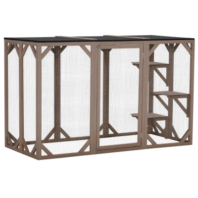 PawHut Cat Cage Indoor Catio Outdoor Cat Enclosure Pet House Small Animal Hutch for Rabbit, Kitten, Crate Kennel with Waterproof Roof, Multi-Level Platforms, Lock, Camel