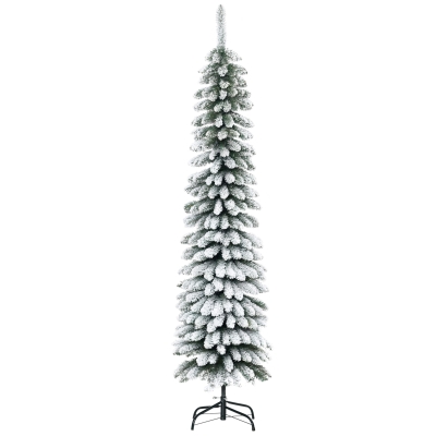 HOMCOM 6 Ft Snow-Flocked Artificial Christmas Tree, Slim Pencil Xmas Tree with Realistic Branches, Metal Base, Green