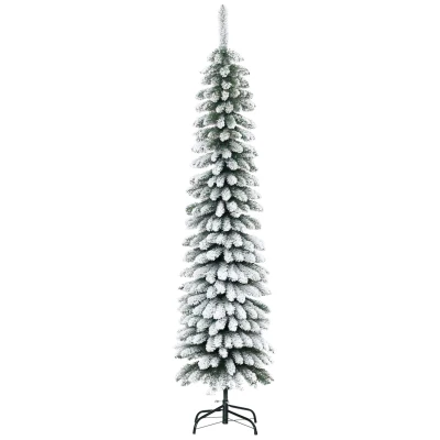 HOMCOM 6 Ft Snow-Flocked Artificial Christmas Tree, Slim Pencil Xmas Tree with Realistic Branches, Metal Base, Green