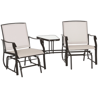 Outsunny Patio Double Glider Chair with Glass Top Center Table, Outdoor Glider Chair with High Back,  Sling Fabric for Garden, Bench, Beige