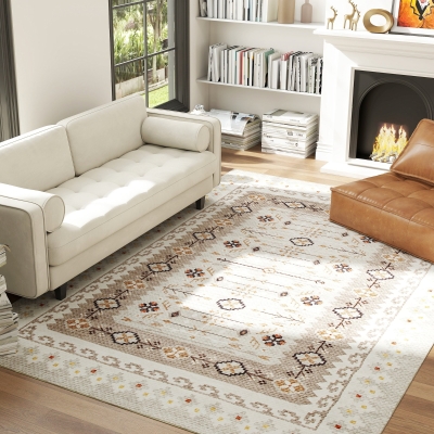 HOMCOM 8x10 Boho Non-Slip Area Rug, Machine Washable, Brown