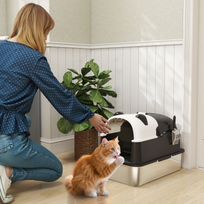 PawHut Panda Style XL Stainless Steel Cat Litter Box with Lid, Enclosed Kitty Litter Box with Scoop, 23.7" x 15.9" x 17.6"