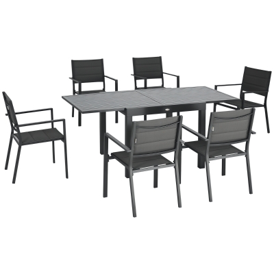 Outsunny 7 Pieces Patio Dining Set for 6, Aluminum Expandable Outdoor Table, Stackable High Back Chair, Mesh Fabric Seats, Dark Gray