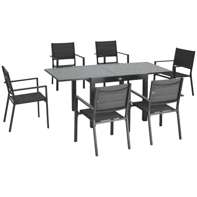 Outsunny 7 Pieces Patio Dining Set for 6, Aluminum Expandable Outdoor Table, Stackable High Back Chair, Mesh Fabric Seats, Dark Gray