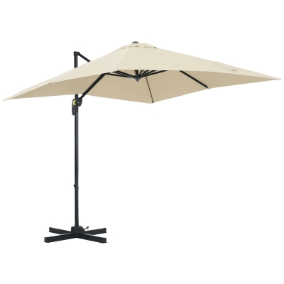 Outsunny 8' x 8' Square Patio Hanging Offset Umbrella with 360° Rotation, Aluminum Outdoor Cantilever Parasol with Crank & Tilt, Sun Canopy Shelter with Cross Base, White
