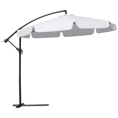 Outsunny 9FT Offset Hanging Patio Umbrella Cantilever Umbrella with Easy Tilt Adjustment, Cross Base and 8 Ribs for Backyard, Poolside, Lawn and Garden, White